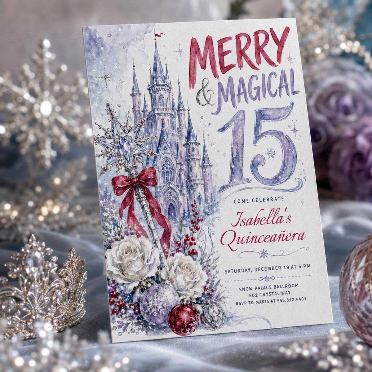 Red and Purple Winter Quinceañera Invitation — digital invitation, instant download