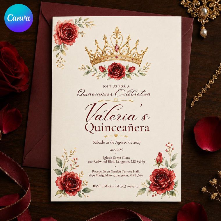 Red and Rose Gold Spanish Quinceañera Invitation