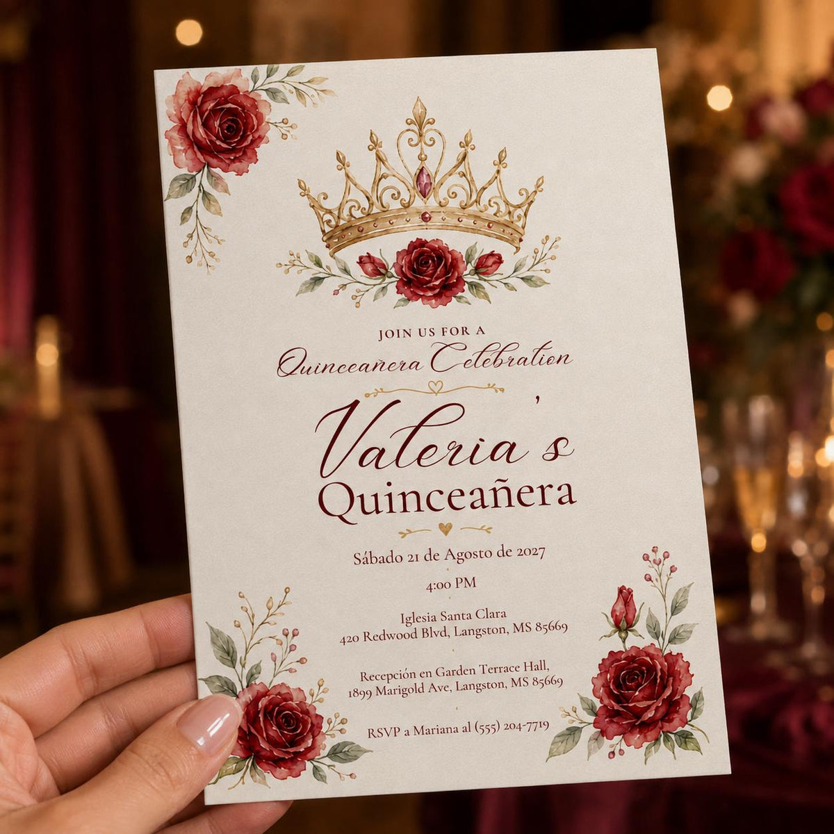 Red and Rose Gold Spanish Quinceañera Invitation — digital invitation, instant download