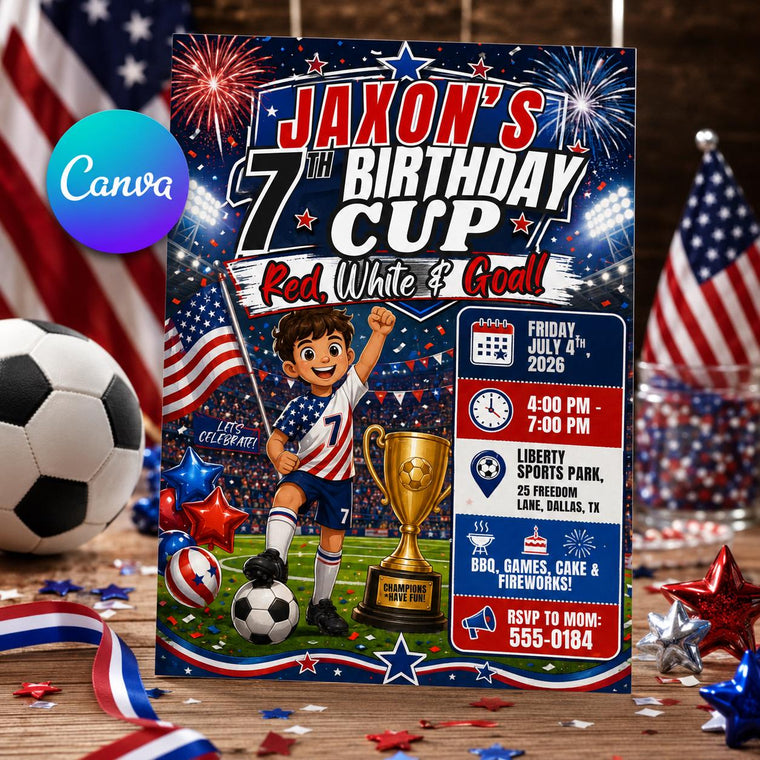 Red and White Patriotic Soccer 7th Birthday Invitation for Boys