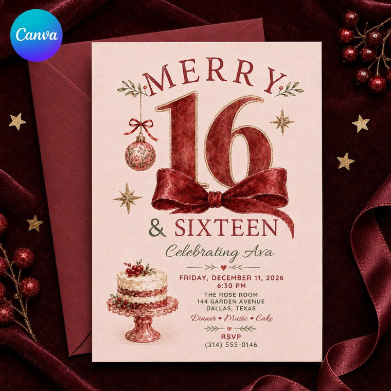 Red Bow Christmas Sweet 16 Birthday Invitation