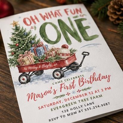 Red Christmas First Birthday Invitation — first birthday stationery by VoltBy