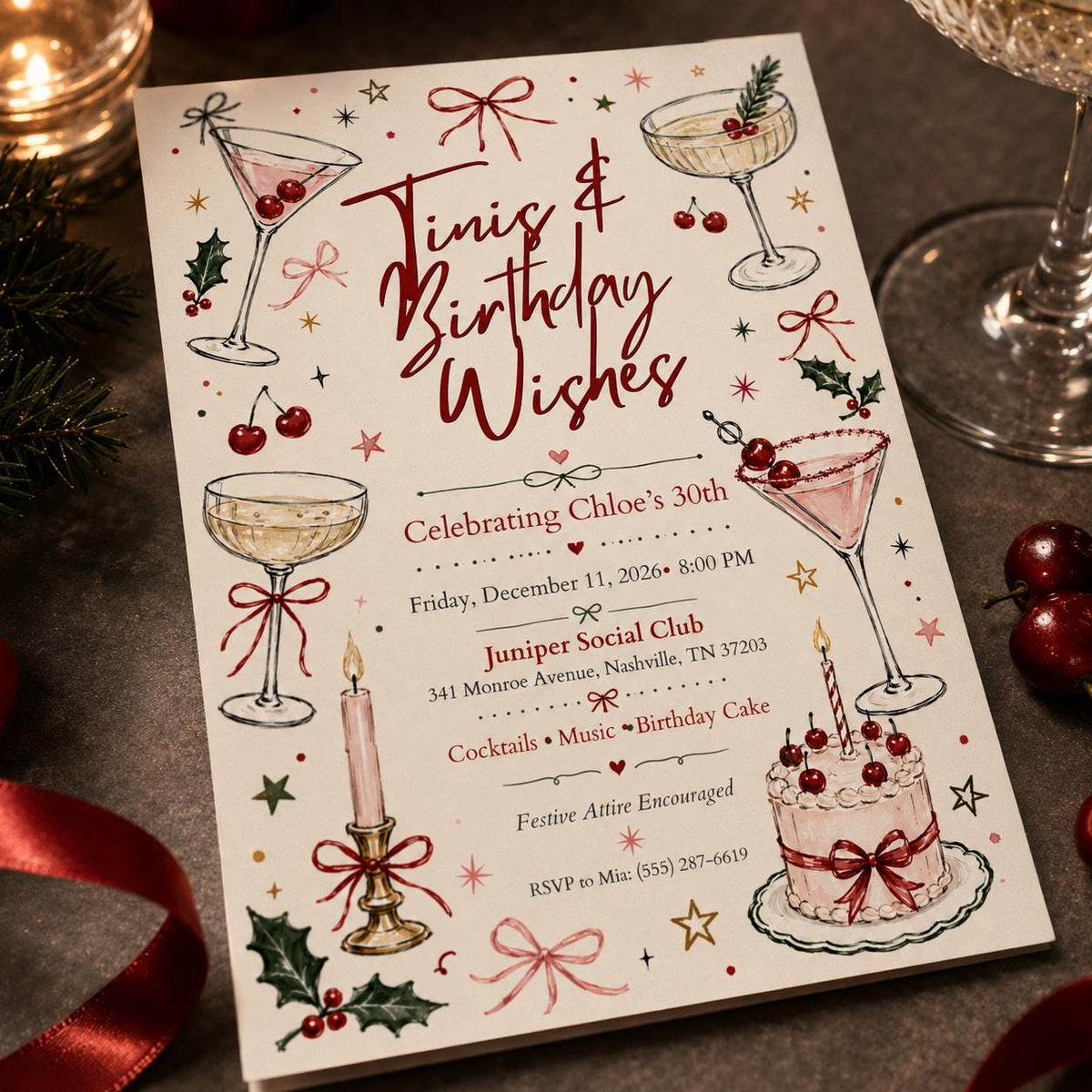 Red Coquette Christmas 30th Birthday Invitation — digital invitation, instant download