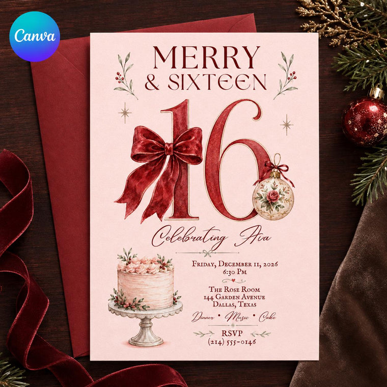 Red Coquette Christmas Sweet 16 Birthday Invitation