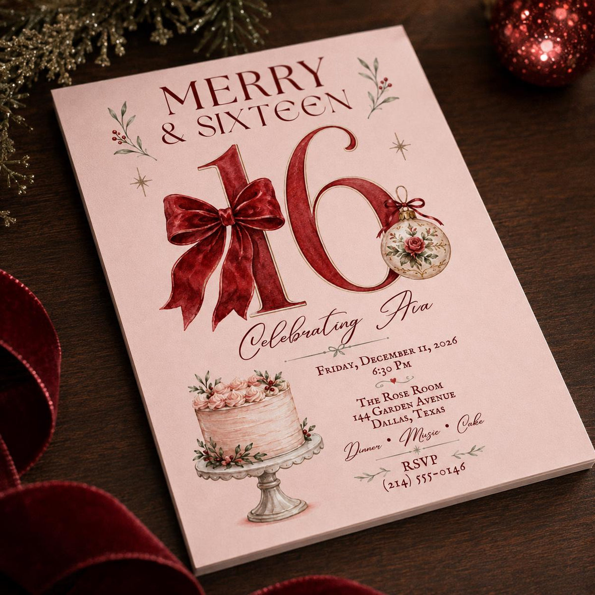 Red Coquette Sweet 16 Birthday Invitation — digital invitation, instant download