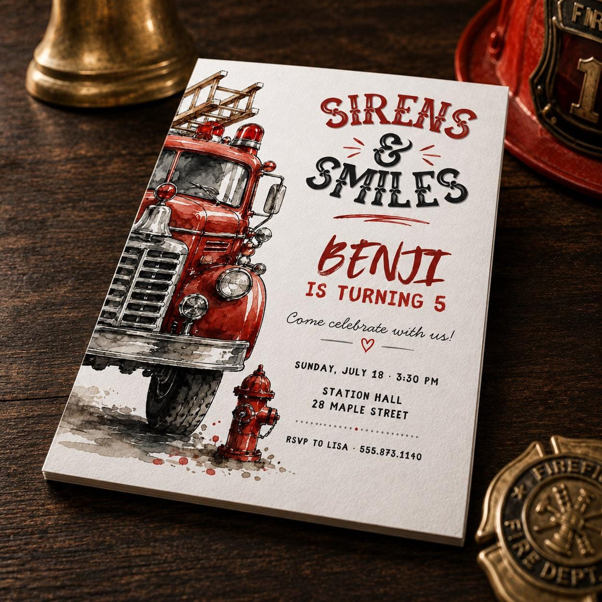 Red Firetruck 5th Birthday Invitation — digital invitation, instant download