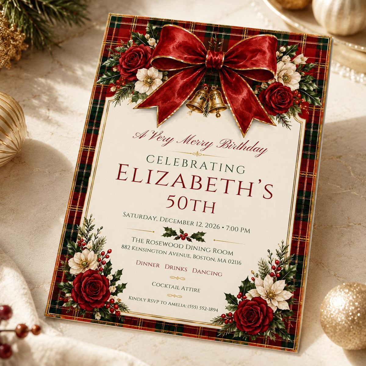 Red Floral Christmas 50th Birthday Invitation — digital invitation, instant download