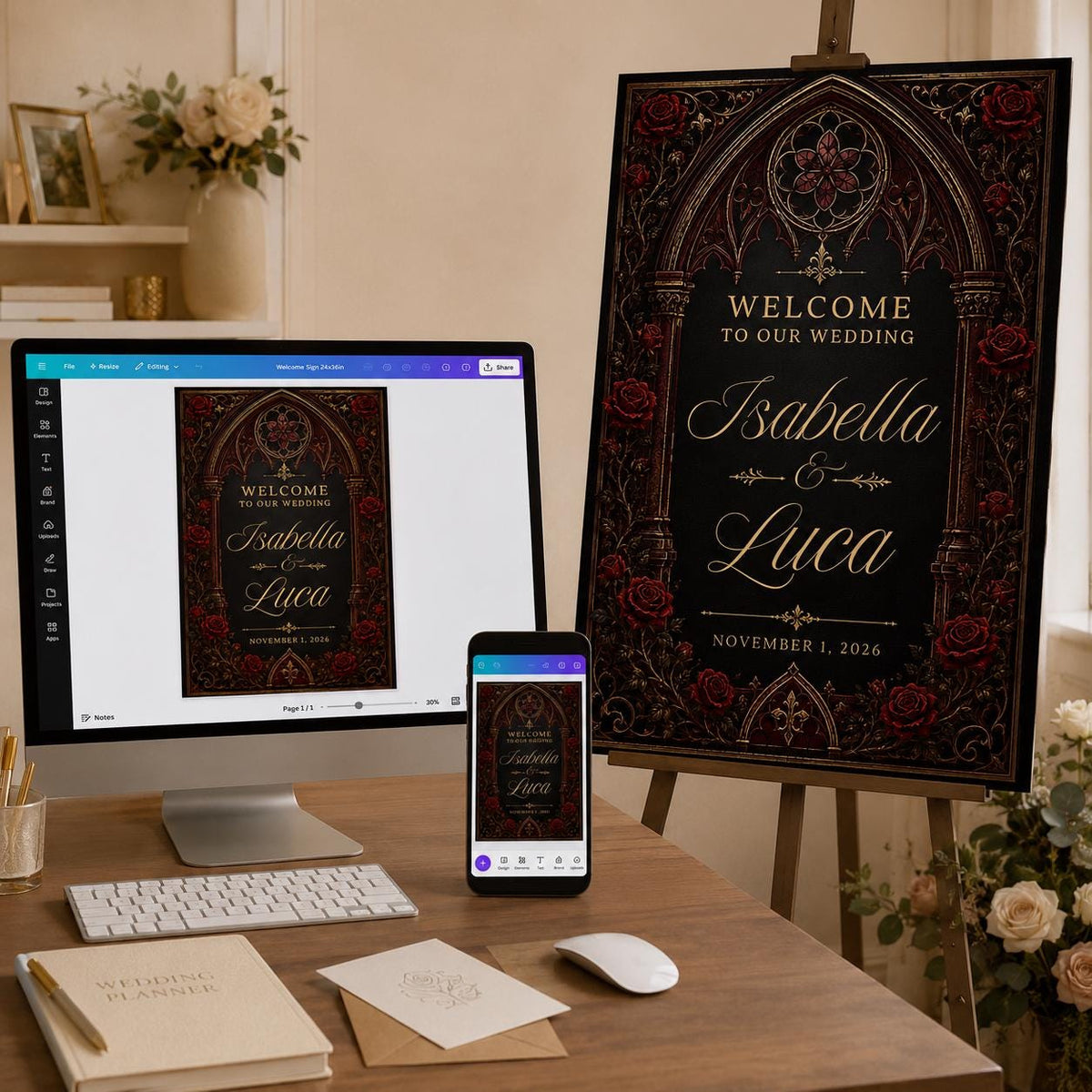 Red Floral Gothic Wedding Welcome Sign — digital welcome sign, instant download