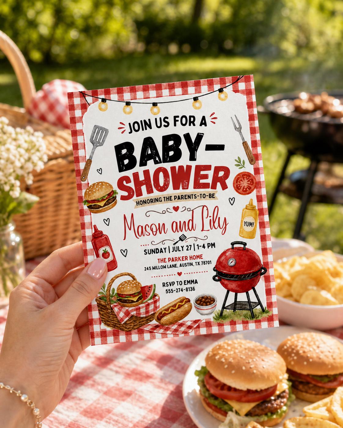 Red Gingham Baby Shower Barbecue Grill Invitation — black invitation design