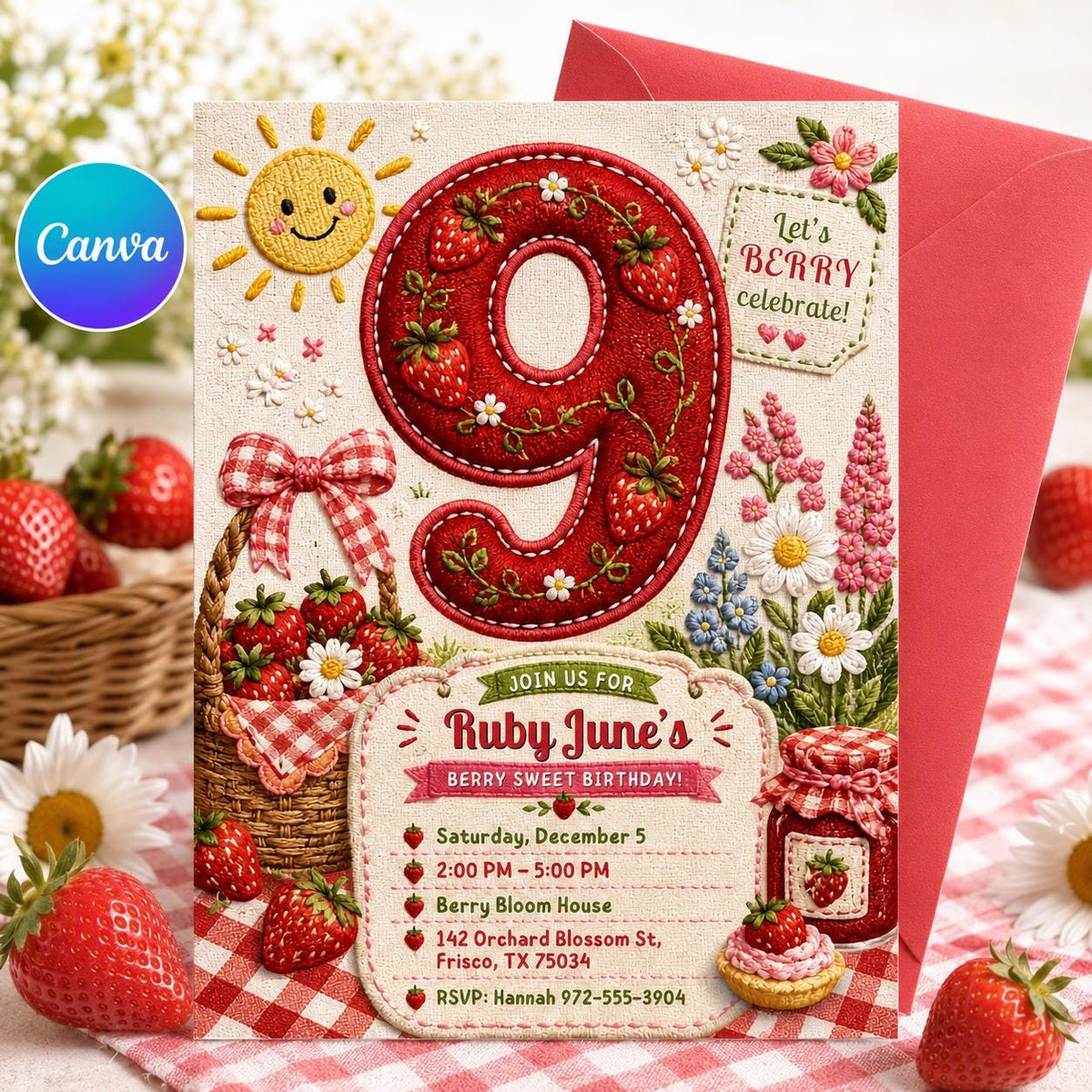 Red Gingham Berry Sweet 9th Birthday Invitation for Girls — editable Canva template