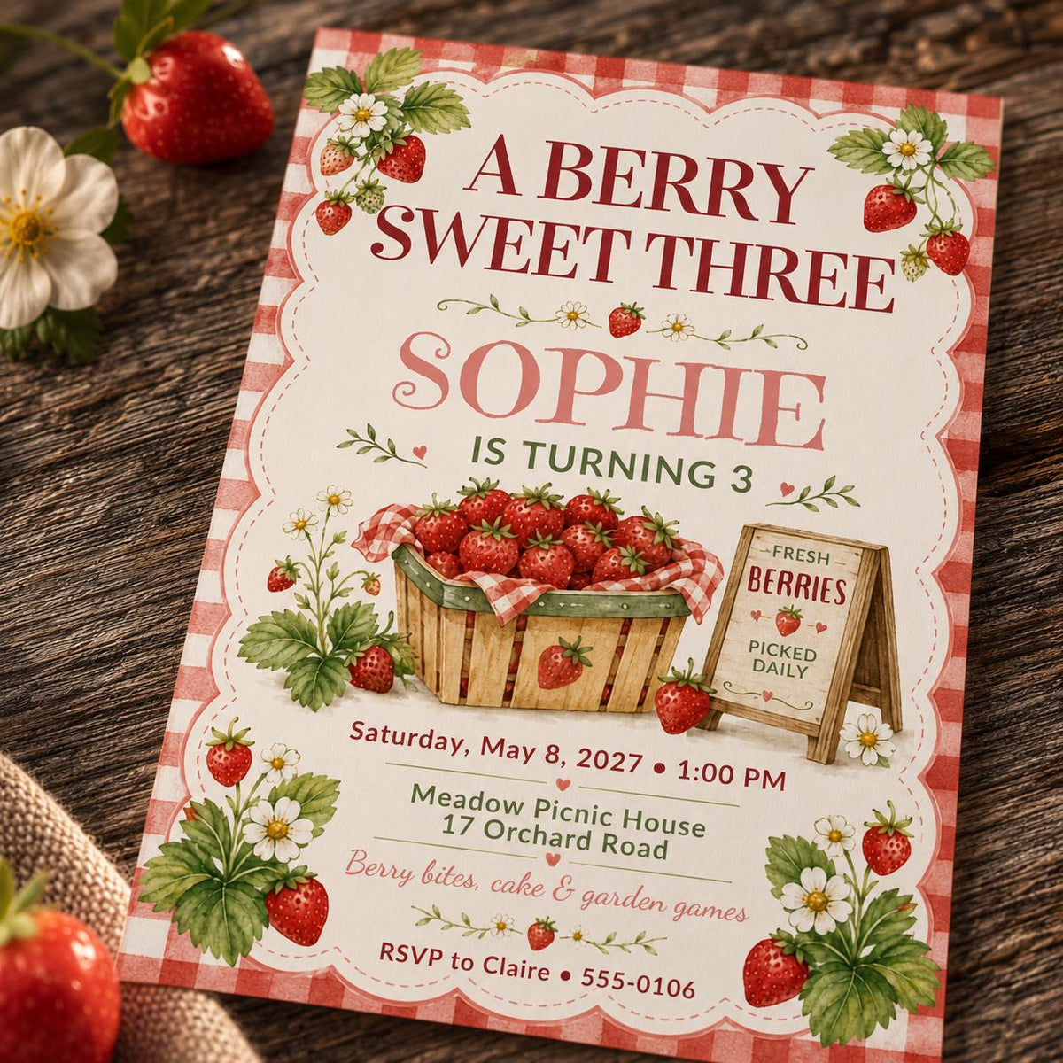 Red Gingham Strawberry 3rd Birthday Invitation for Girls — digital invitation, instant download