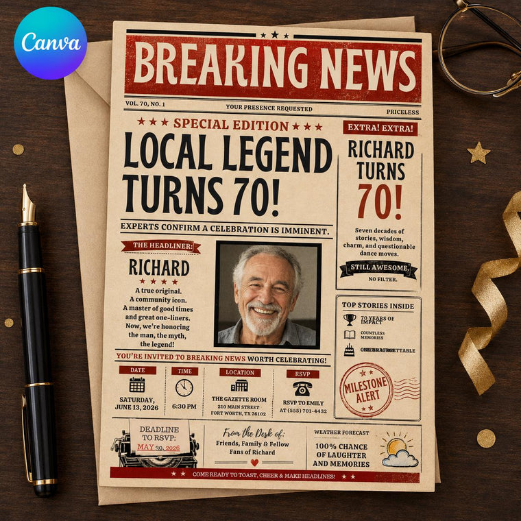 Red Local Legend Newspaper 70th Birthday Photo Invitation
