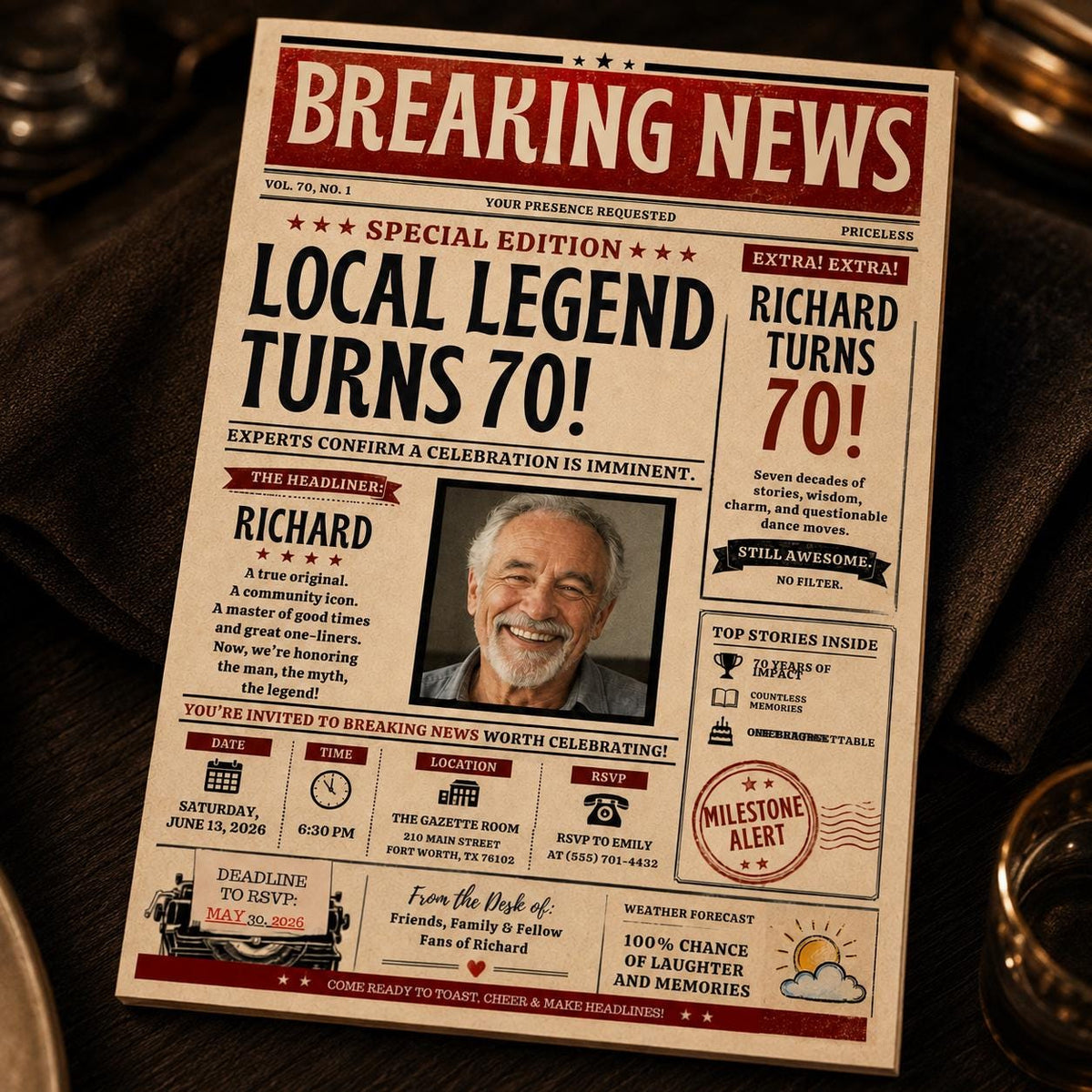 Red Local Legend Newspaper 70th Birthday Photo Invitation — print-ready 70th birthday party design from VoltBy