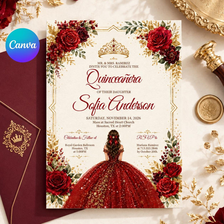 Red Rose Quinceañera Invitation with Ballgown Illustration
