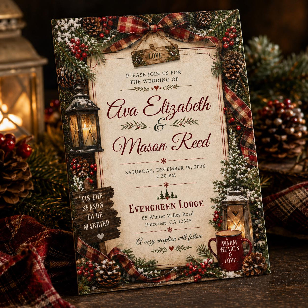 Red Rustic Christmas Wedding Invitation — digital invitation, instant download