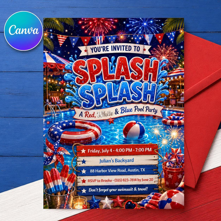 Red White Blue Pool Party Invitation