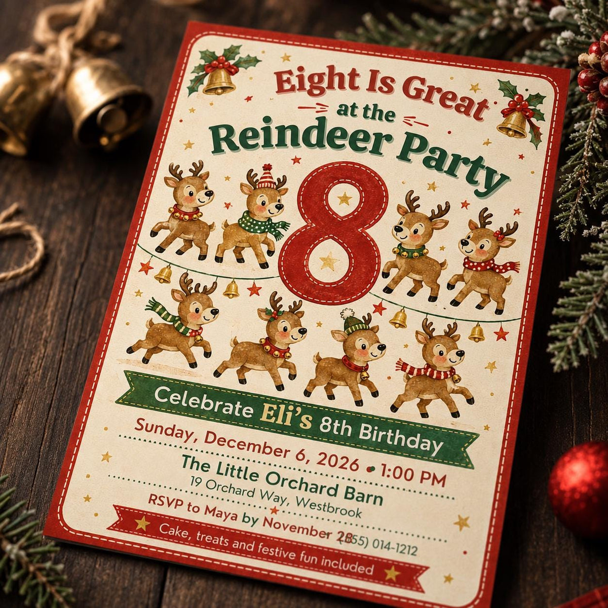 Reindeer Christmas 8th Birthday Invitation — 8th birthday party stationery by VoltBy
