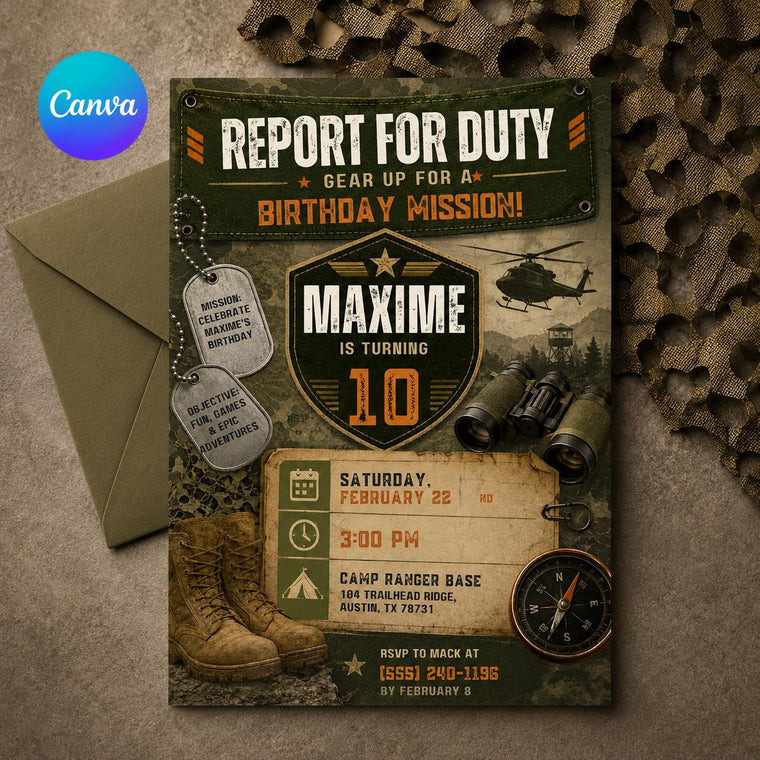 Report for Duty Army 10th Birthday Invitation