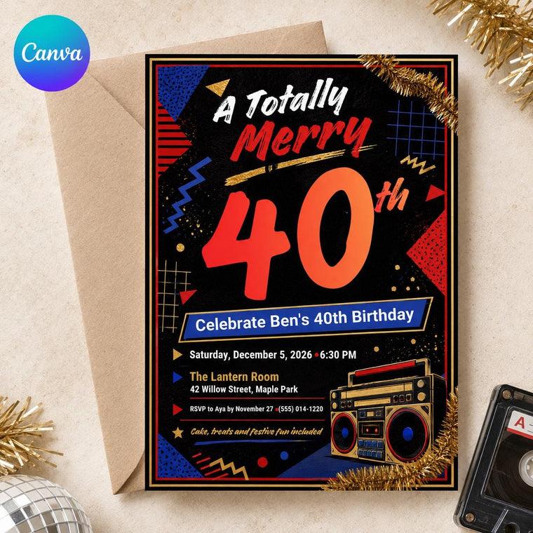 Retro 80s Christmas 40th Birthday Invitation