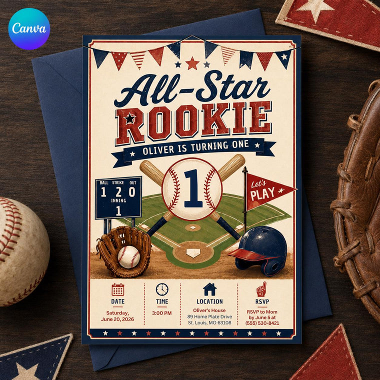 Retro Baseball First Birthday Invitation