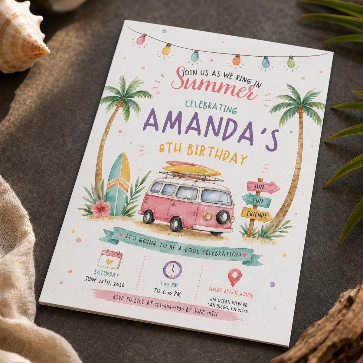 Retro Beach 8th Birthday Invitation — digital invitation, instant download