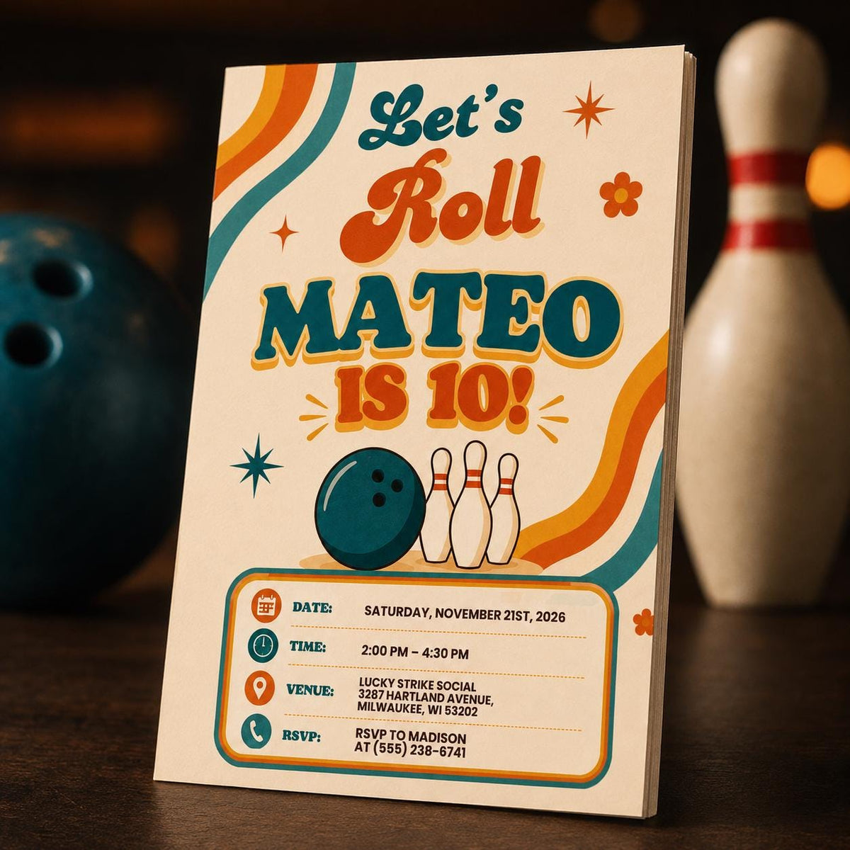 Retro Bowling 10th Birthday Invitation: Groovy Let’s Roll Kids — 10th birthday party stationery by VoltBy