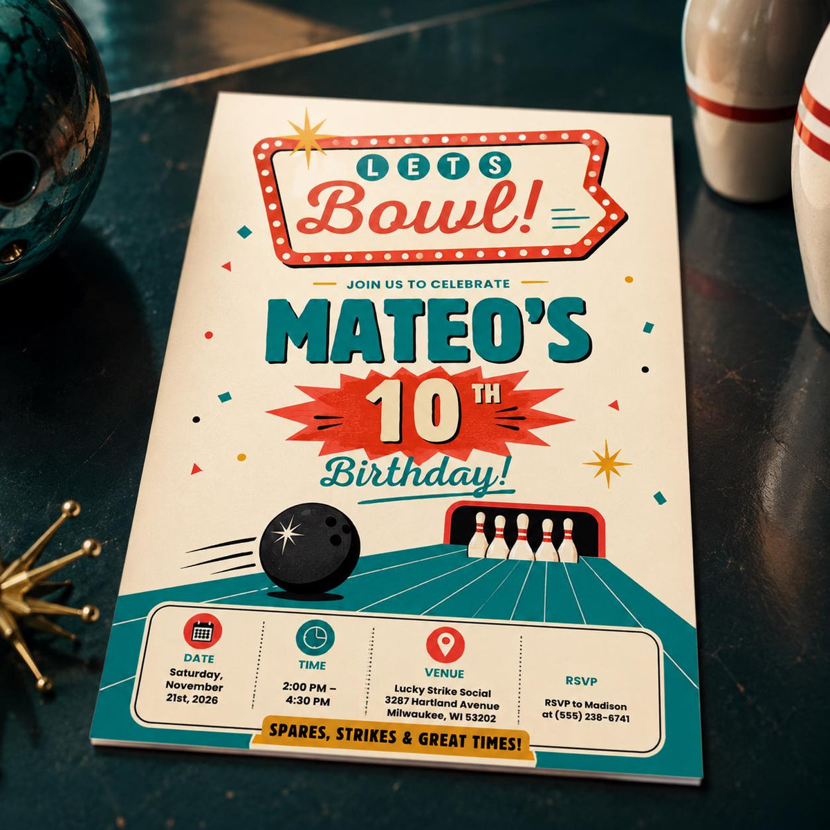 Retro Bowling 10th Birthday Invitation: Ten Pin Birthday Boy Celebration — 10th birthday party stationery by VoltBy