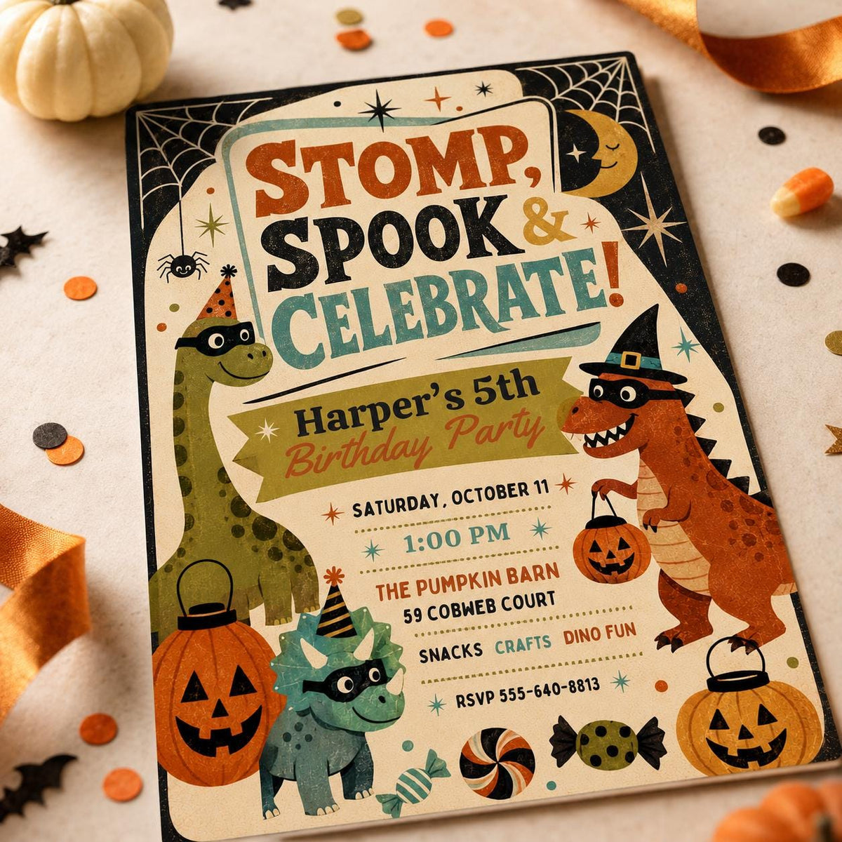 Retro Dinosaur Halloween 5th Birthday Invitation — 5th birthday party stationery by VoltBy