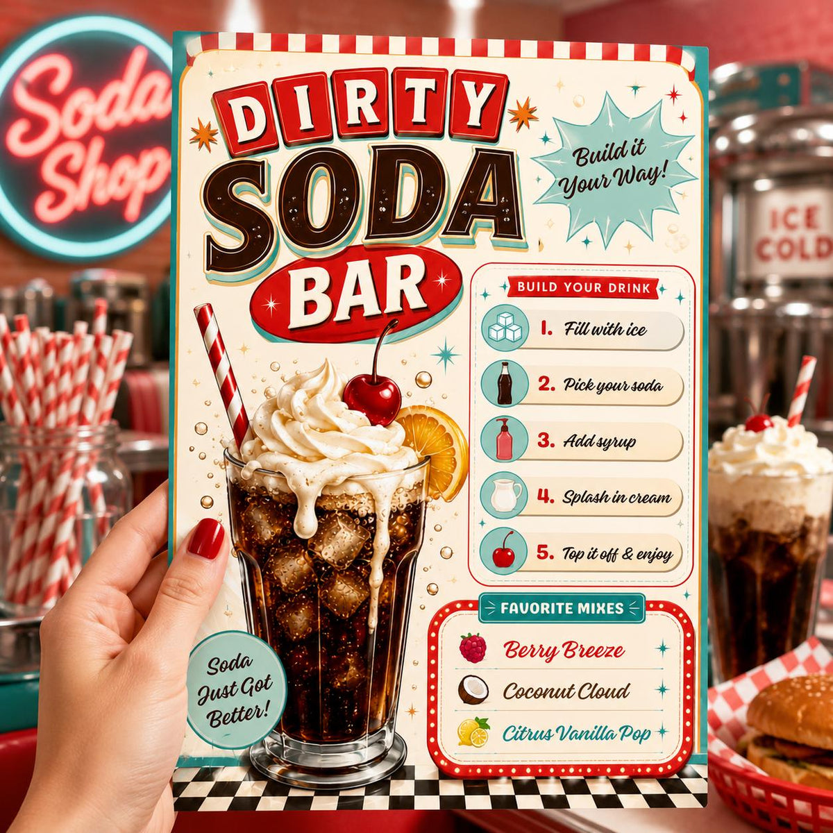 Retro Dirty Soda Bar Recipe Sign — digital menu design, instant download