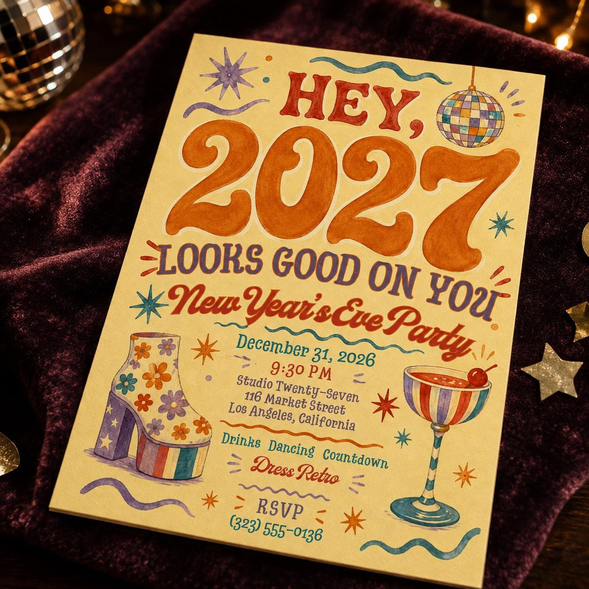 Retro Disco 2027 New Years Eve Invitation — print-ready New Year party design from VoltBy