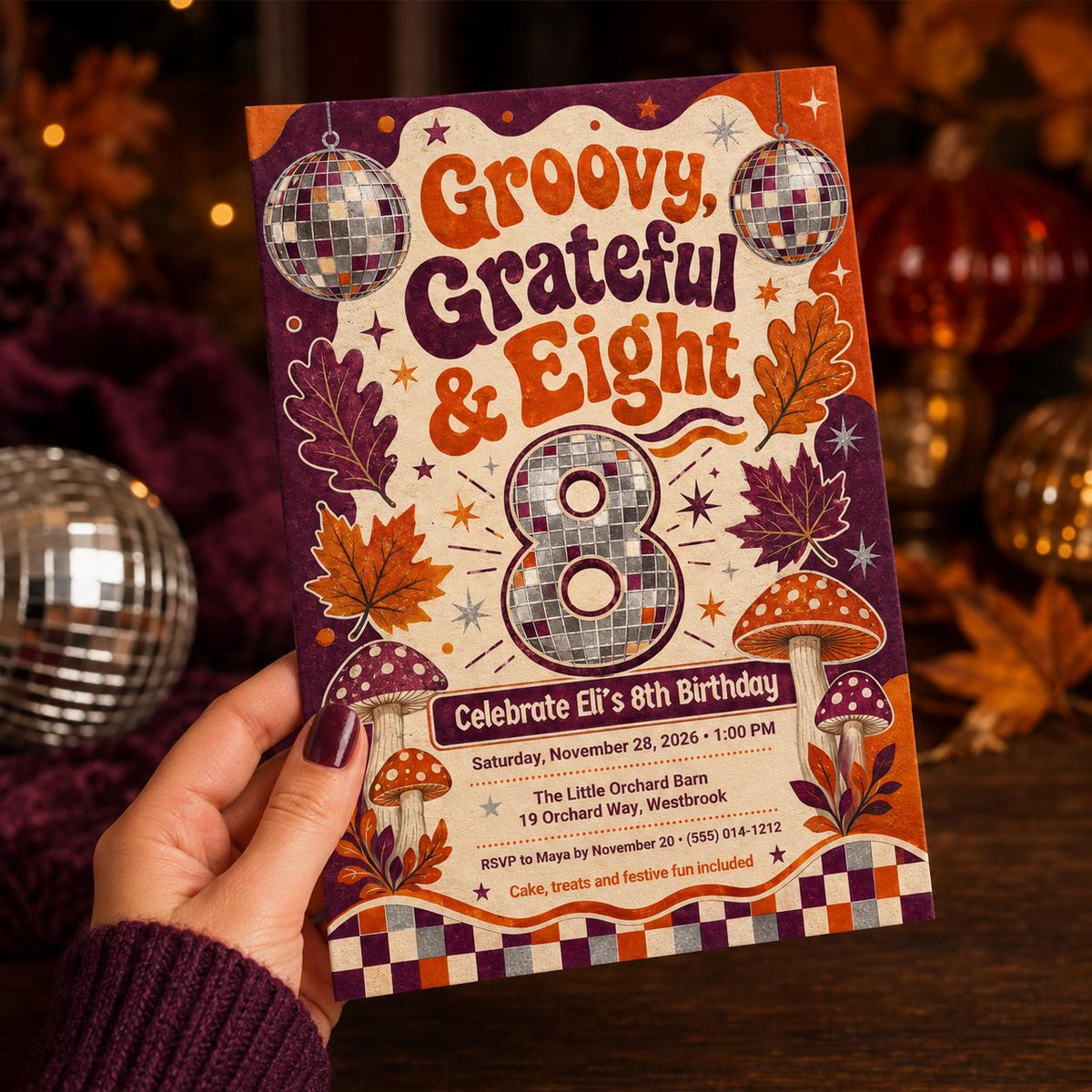 Retro Disco Groovy 8th Birthday Invitation — digital invitation, instant download