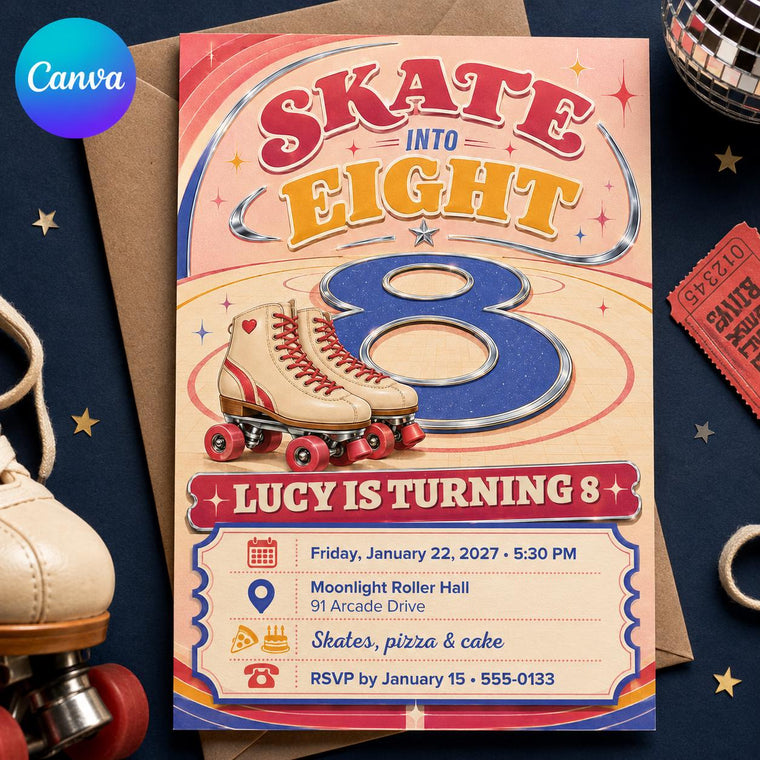 Retro Disco Roller Skate 8th Birthday Invitation for Girls
