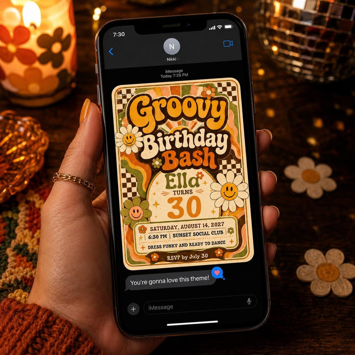 Retro Floral 30th Birthday Invitation — print-ready 30th birthday party design from VoltBy