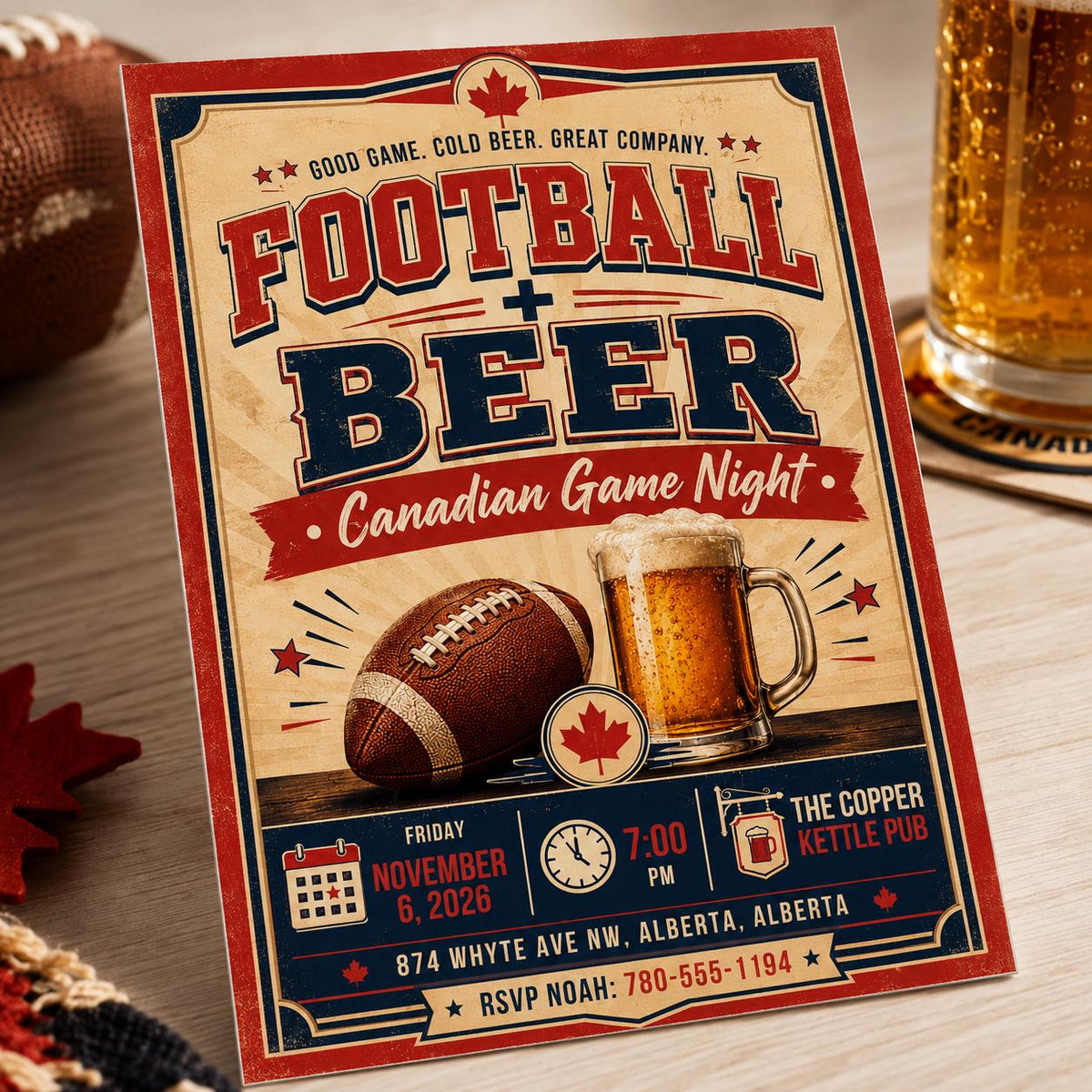 Retro Football and Beer Invitation — game night stationery by VoltBy