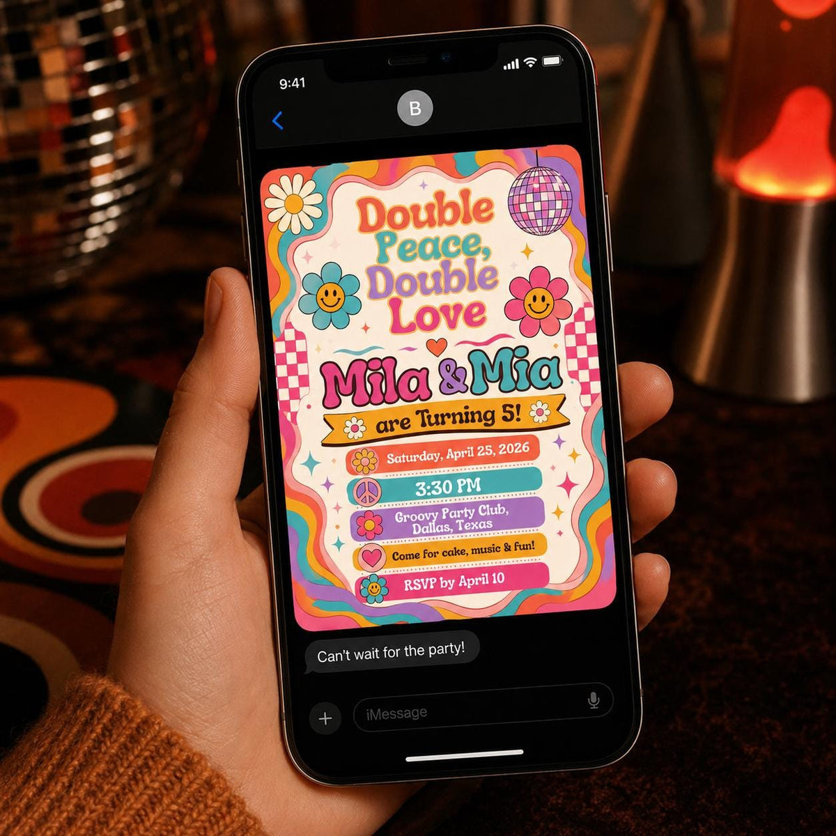 Retro Groovy Double 5th Birthday Invitation — 5th birthday party stationery by VoltBy