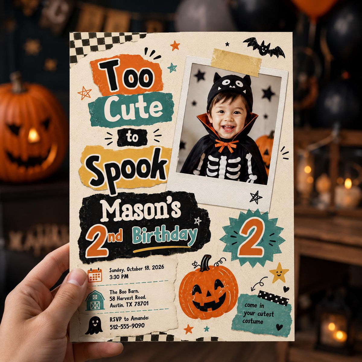 Retro Halloween 2nd Birthday Invitation for Boys — digital invitation, instant download