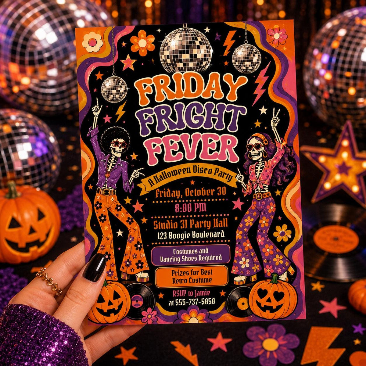 Retro Halloween Disco Party Invitation: Retro Friday Fright Fever — print-ready Halloween party design from VoltBy