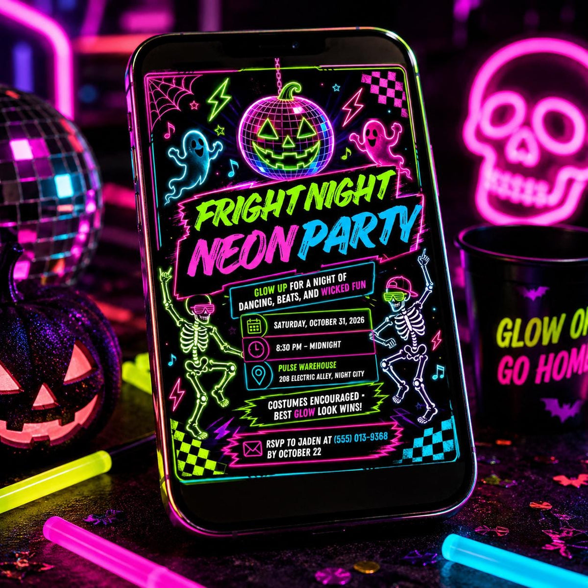Retro Halloween Neon Party Invitation — digital invitation, instant download