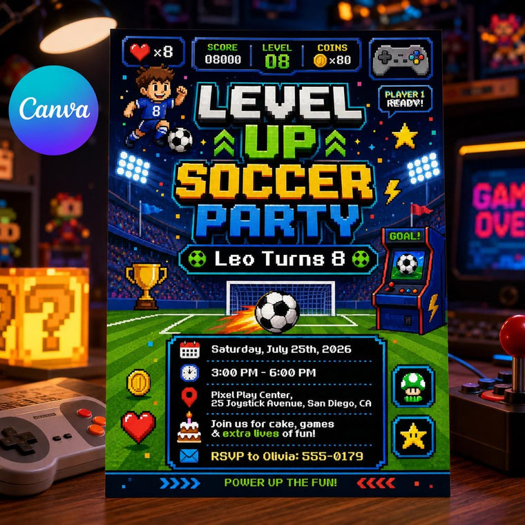 Retro Level Up Soccer 8th Birthday Invitation for Boys