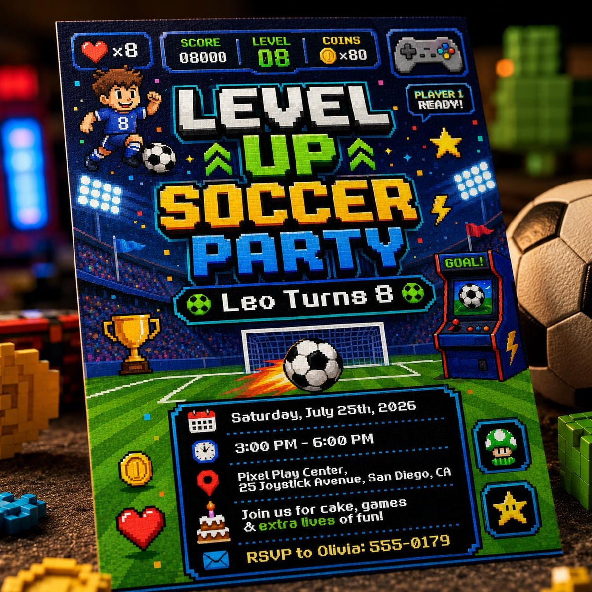 Retro Level Up Soccer 8th Birthday Invitation for Boys — digital invitation, instant download