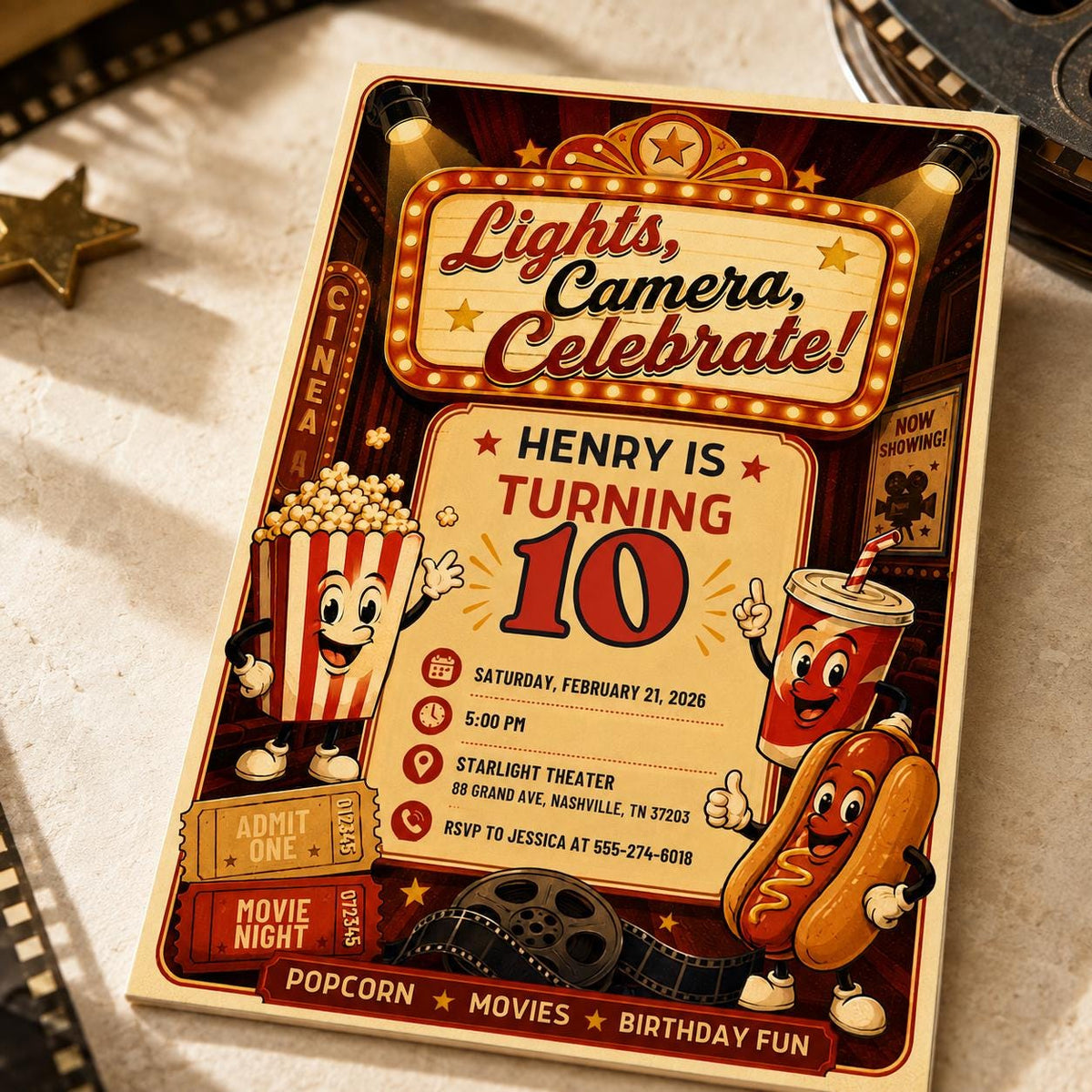 Retro Movie Night 10th Birthday Invitation — digital invitation, instant download