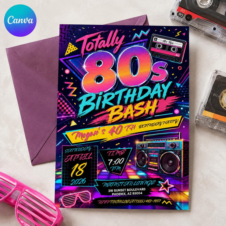 Retro Neon 80s 40th Birthday Invitation: Totally Eighties