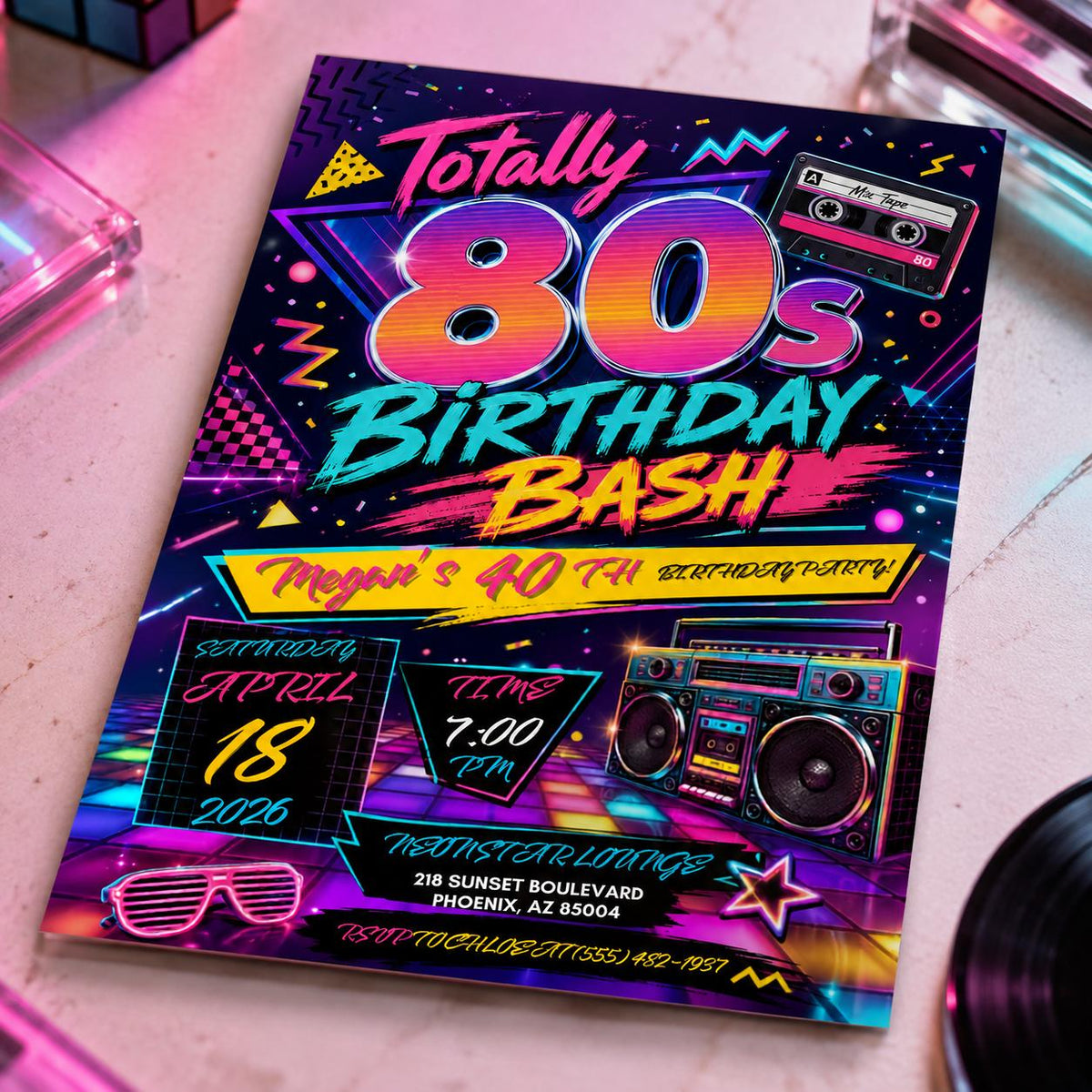 Retro Neon 80s 40th Birthday Invitation: Totally Eighties — 40th birthday party stationery by VoltBy