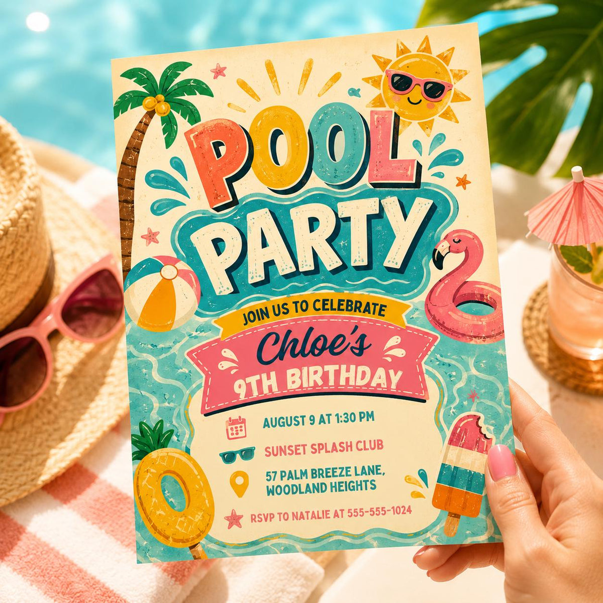 Retro Pool Party 9th Birthday Invitation in Yellow and Teal — print-ready 9th birthday party design from VoltBy