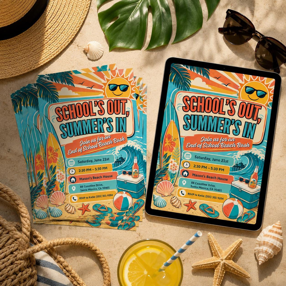 Retro School's Out Beach Bash Invitation — end-of-year celebration stationery by VoltBy