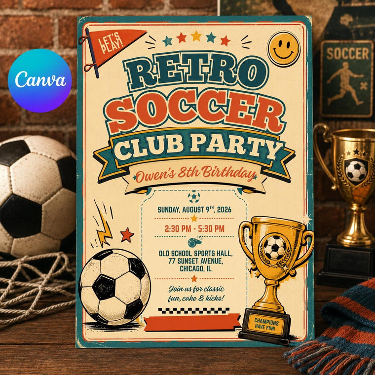 Retro Soccer Club 8th Birthday Invitation for Boys