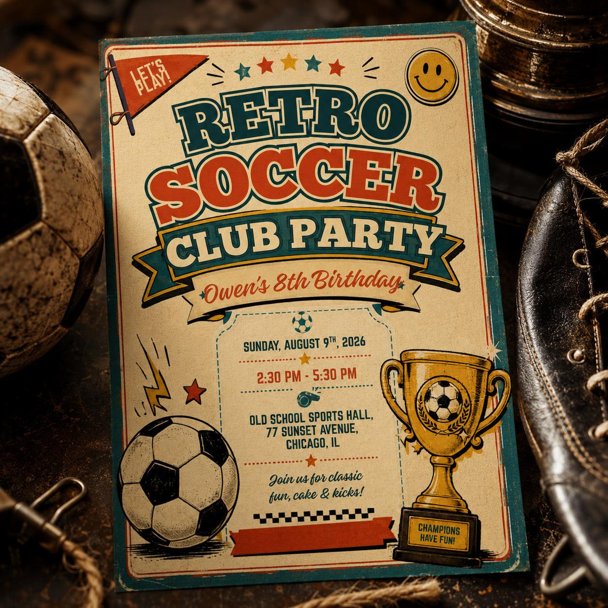 Retro Soccer Club 8th Birthday Invitation for Boys — print-ready 8th birthday party design from VoltBy