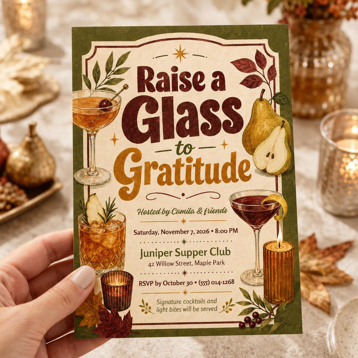 Retro Thanksgiving Cocktail Party Invitation — Thanksgiving gathering stationery by VoltBy