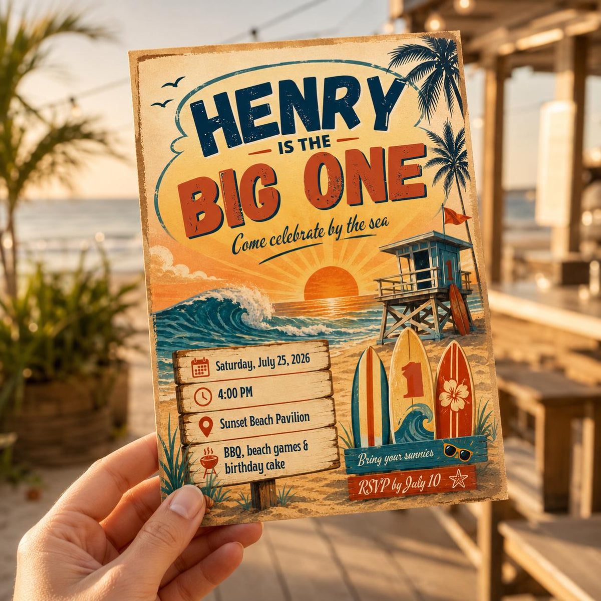 Retro The Big One First Birthday Invitation for Boys — digital invitation, instant download