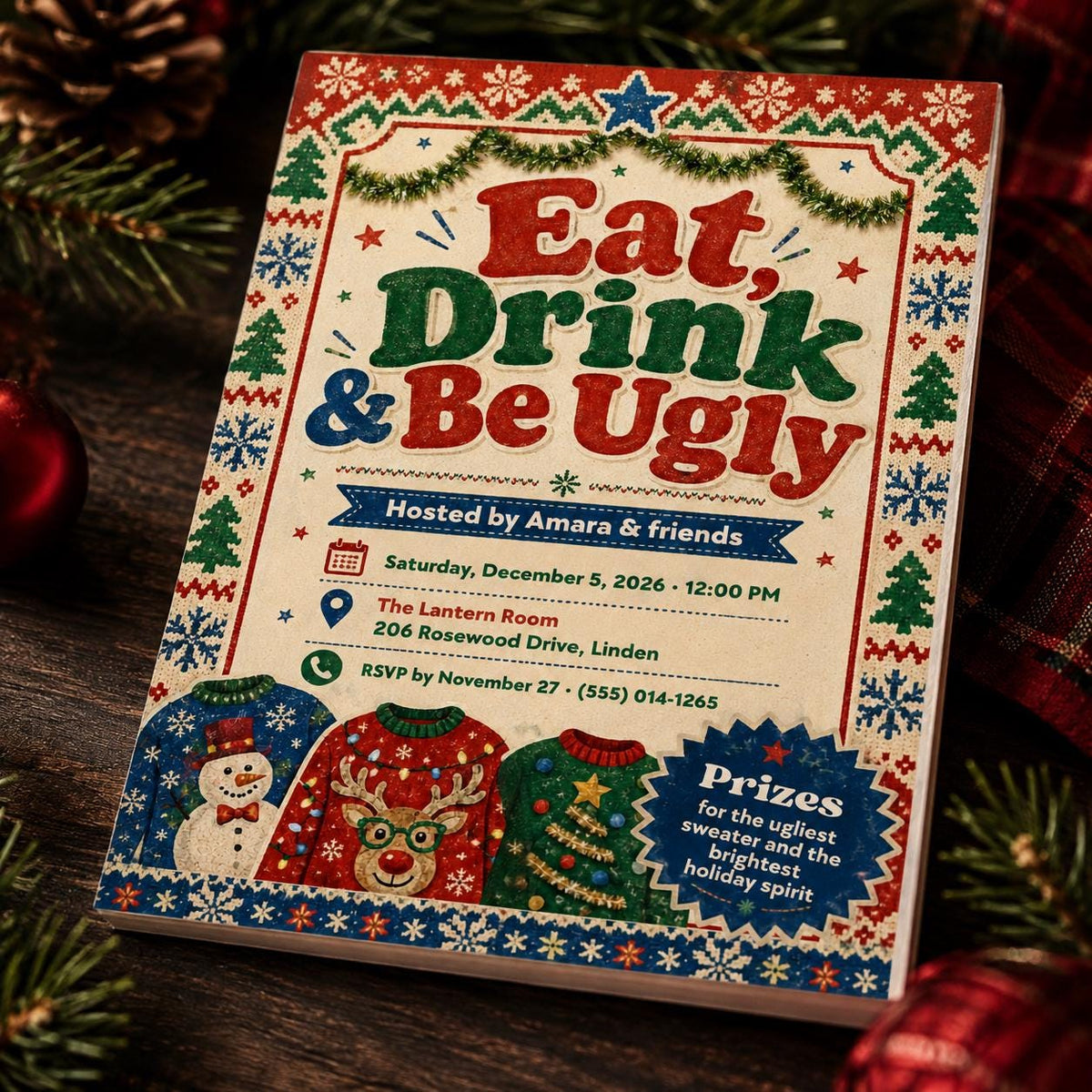 Retro Ugly Sweater Christmas Party Invitation — Christmas celebration stationery by VoltBy